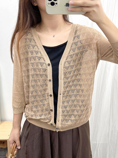 Loose Solid Color Linen Hollow Knitting Cardigan Top