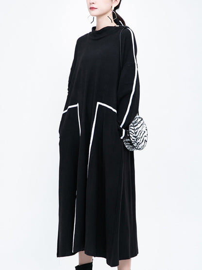 Casual Contrast Color Split-Joint Stand Collar Long Sleeves Midi Dress