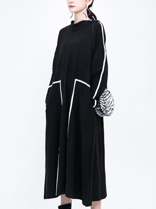 Casual Contrast Color Split-Joint Stand Collar Long Sleeves Midi Dress