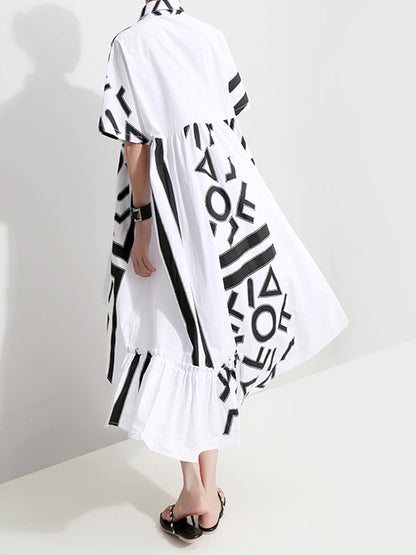 Loose Asymmetric Printed High-Low Lapel Split-Joint Midi Dress