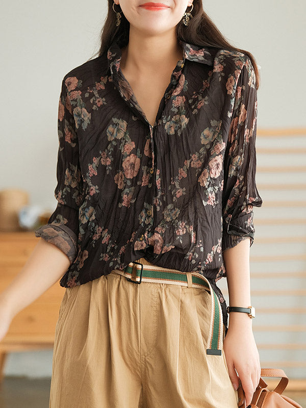 Vintage Printed Buttoned Pleated Lapel Long Sleeves Blouse Tops