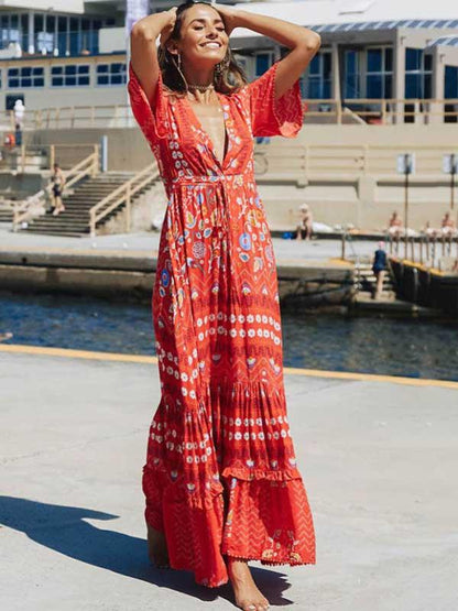 Split-joint Printed Bohemia Maxi Dress