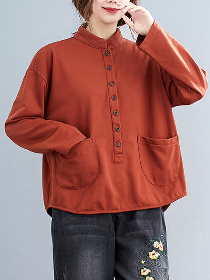 Casual Solid Color Buttoned Split-Joint With Pocket Stand Collar Long Sleeves Sweatshirts