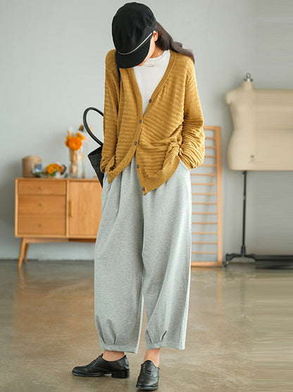 Casual Solid Color Buttoned V-Neck Long Sleeves Jacquard Knitted Cardigan