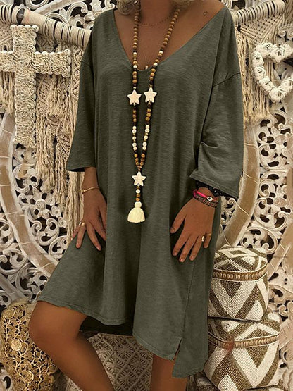 Solid V-neck Loose Midi Dress