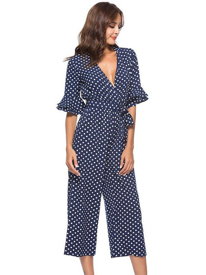 Printed Belted V-neck Half Sleeves Jumpsuit