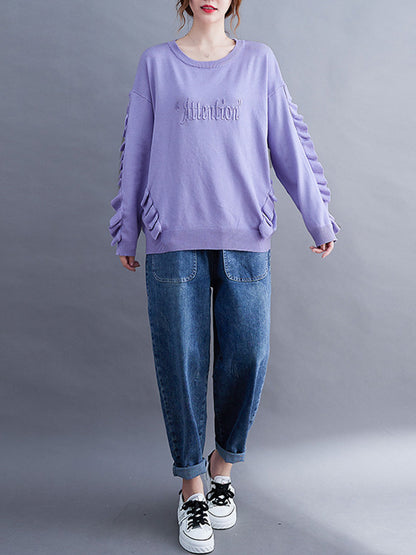 Simple Solid Color Letter Print Embroidered Sweatshirt Top
