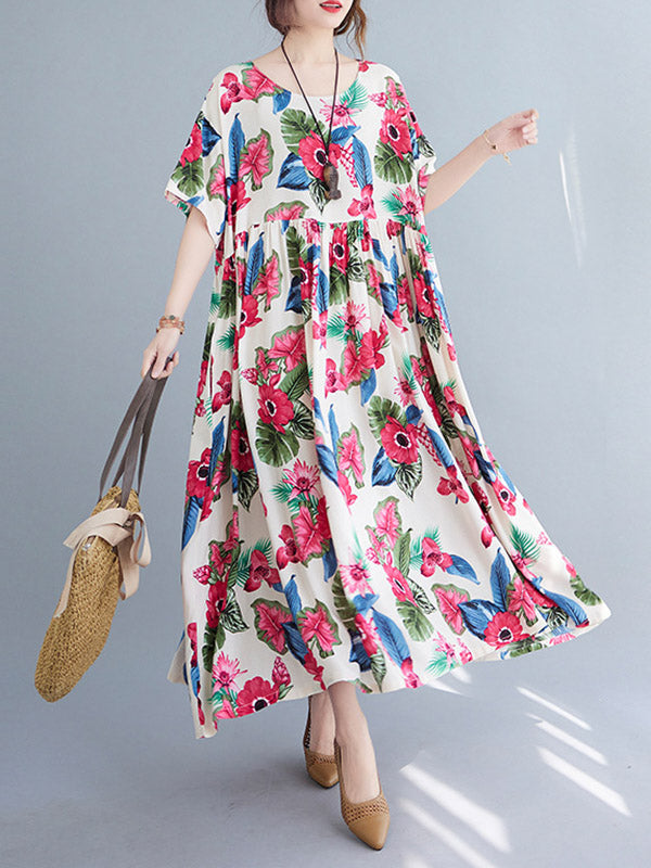 Artistic Retro Loose Floral Printed Pleated Round-Neck Half Sleeves Midi Dress