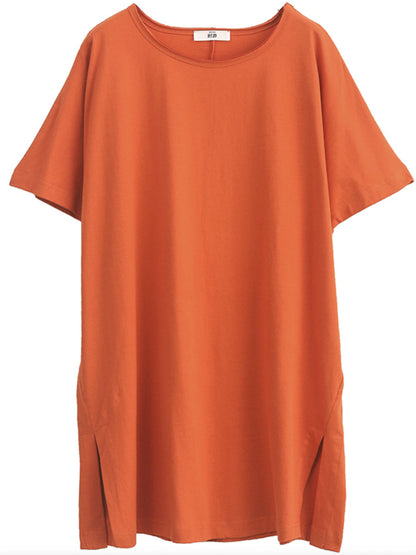 Simple Casual Loose 5 Colors Split-Side Round-Neck Short Sleeves T-Shirt Tops