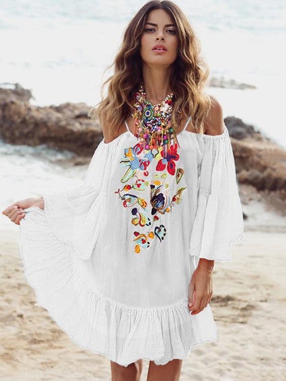 Embroidered Flared Sleeves Mini Dress