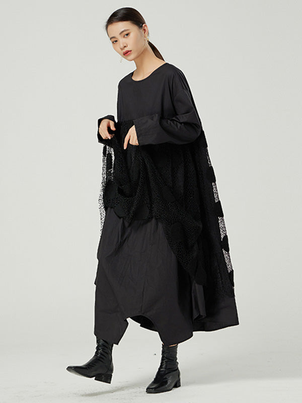 Original Split-Joint Round-Neck Long Sleeves Lace Midi Dress
