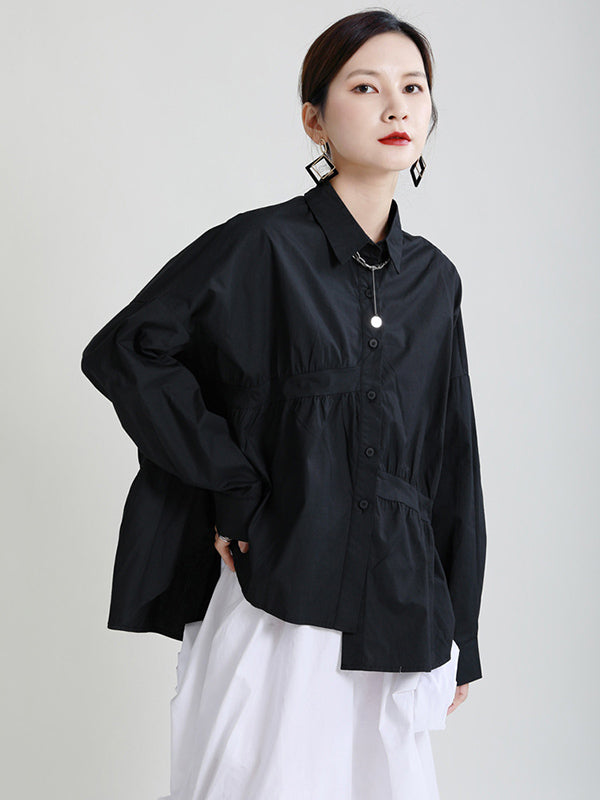Original Irregular Solid Color Split-Joint Pleated Buttoned Lapel Collar Long Sleeves Blouse