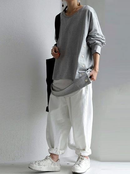Casual Irregular Buttoned Solid Color Round-Neck Long Sleeves T-Shirt