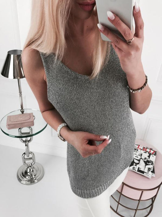Simple Gray Knitting Vest Tops