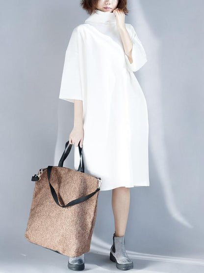 Solid Loose High-neck Half Sleeves Dress