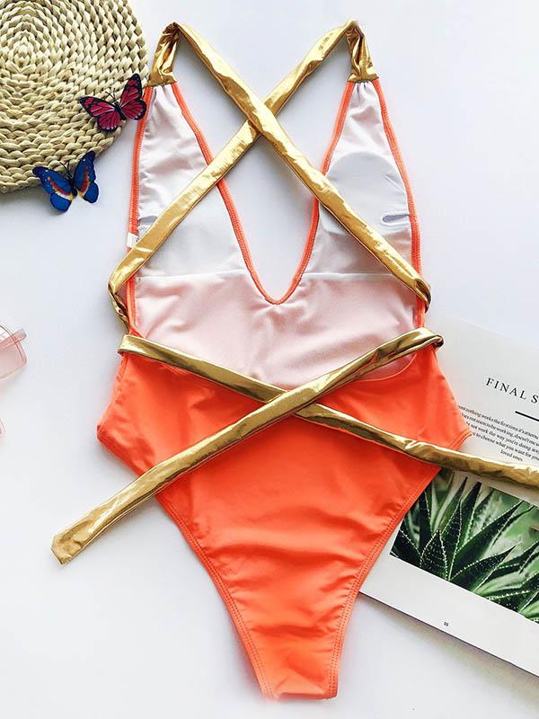 Split-Joint Bronzing Bandage Backless Split Bikini Swimsuit