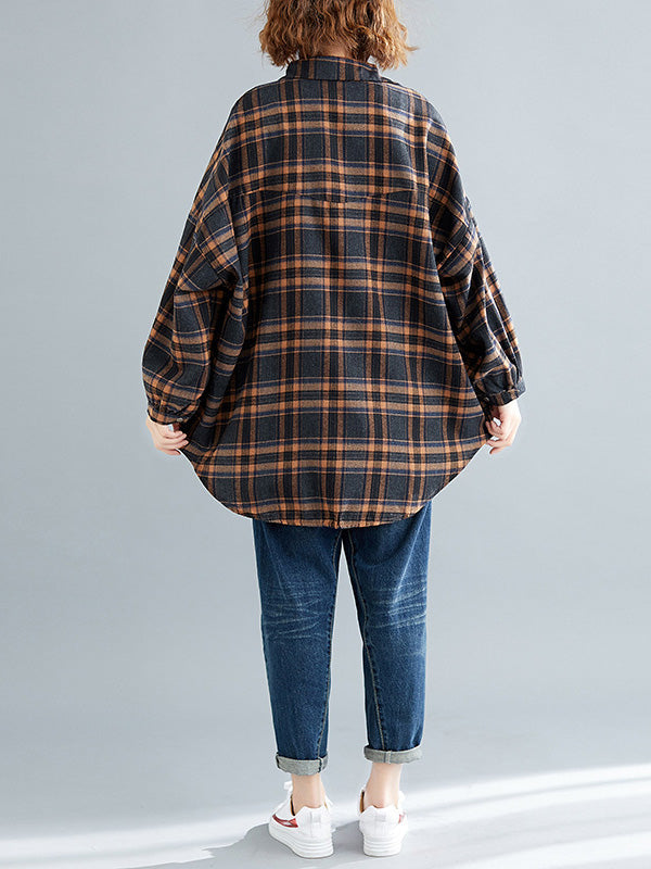 Artistic Retro Plaid Buttoned Lapel Collar Long Sleeves Blouse