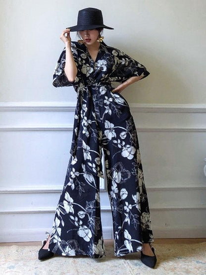 Casual Flower Printed Lace-up Jumpsuit