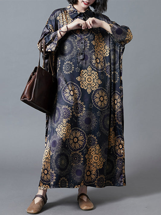 Vintage Colorful Printed Lapel Long Sleeves Maxi Dress