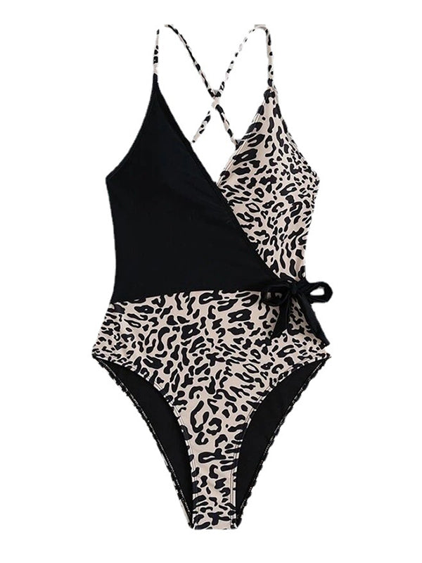 Contrast Color Leopard Tie Side One-Piece Swimsuit