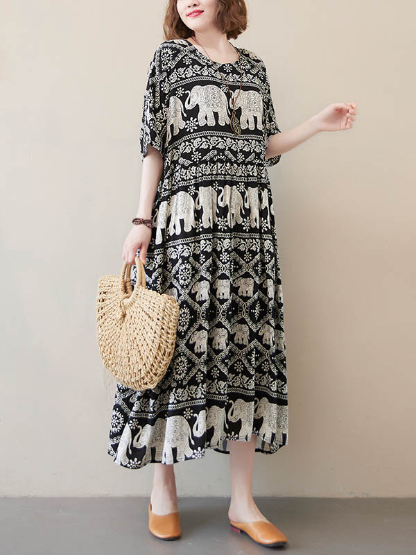 National Floral Ethnic Printed Pleated Round-Neck Half Sleeves Midi Dress
