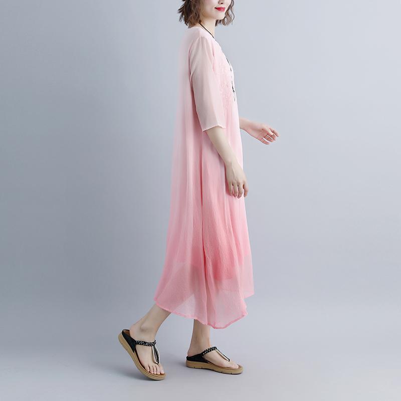 Fake Two-piece Pockets Retro Pink Summer Dress