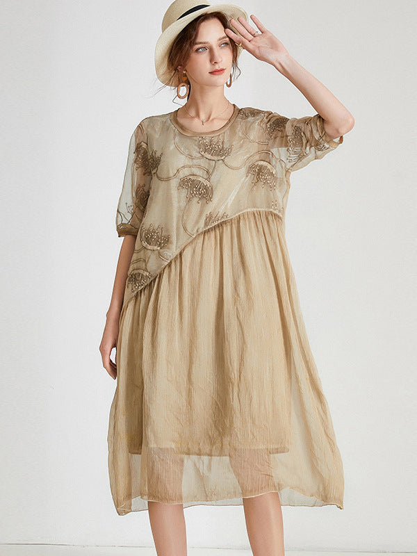Original Artistic Retro Loose Embroidered Pleated Split-Joint Midi Dress