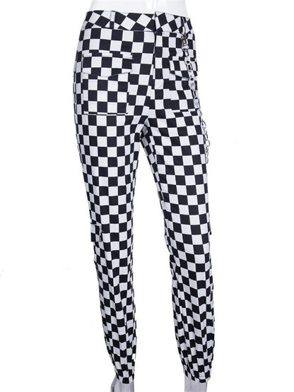 Contrast Color Black&White Plaid Loose Pants Bottoms
