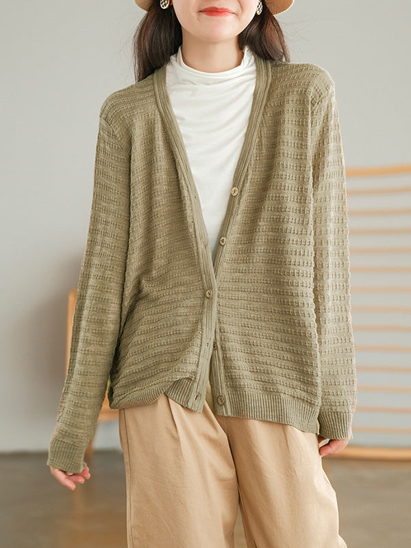 Casual Solid Color Buttoned V-Neck Long Sleeves Jacquard Knitted Cardigan