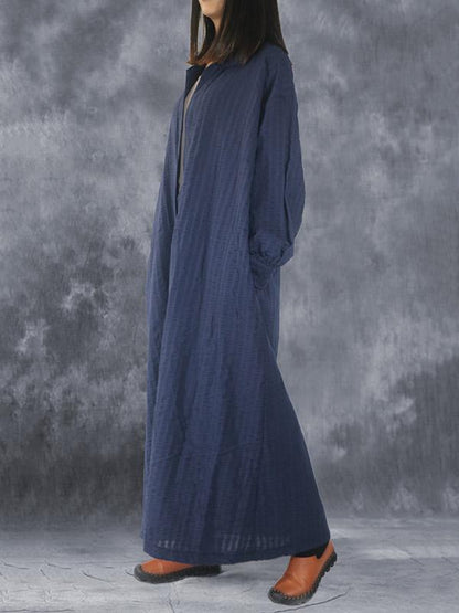 Loose Navy-blue Striped V-neck Lapel Long Dress