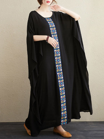 National Loose Embroidered Round-Neck Batwing Sleeves Midi Dress
