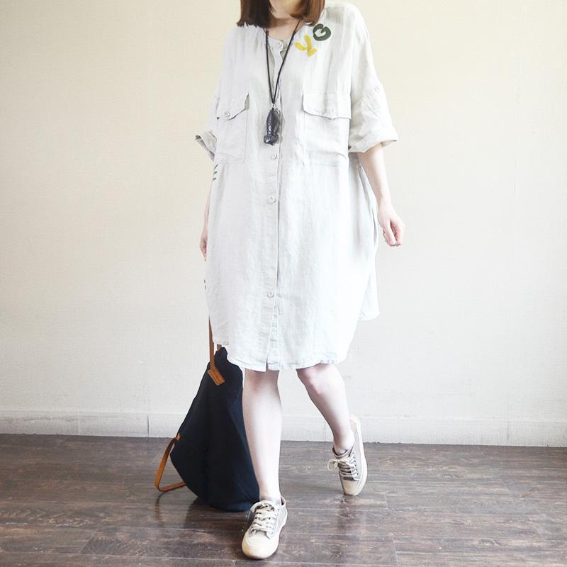 Casual Loose Letter Embroidery Midi Shirt Dress