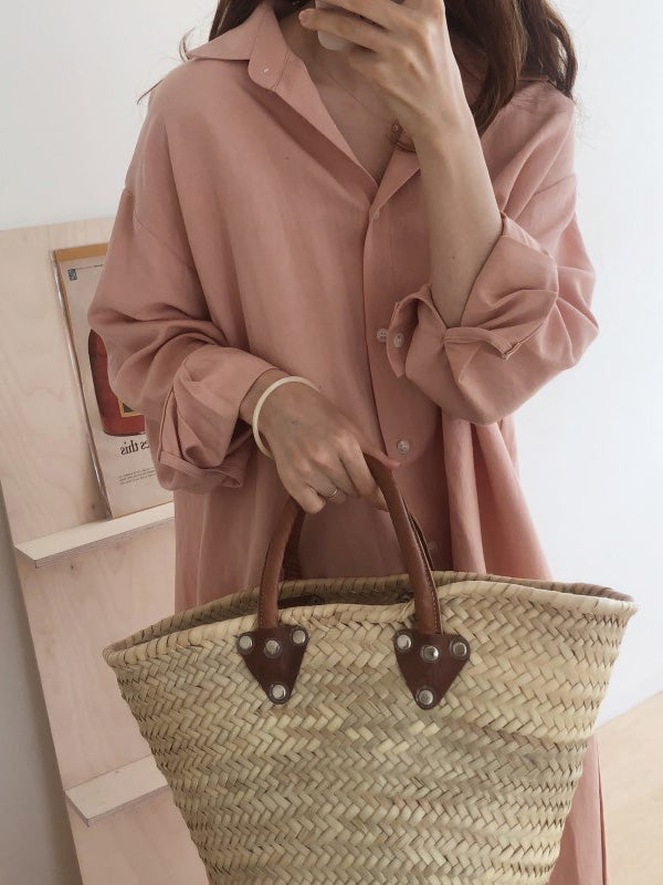 Casual Ramie Cotton Solid Color Buttoned Lapel Collar Long Sleeves Midi Shirt Dress