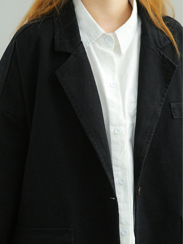 Simple Solid Color Buttoned Notched Collar Batwing Sleeve Outerwear