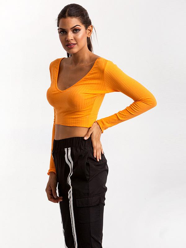 Solid Bare Midriff Off-the-shoulder Tee