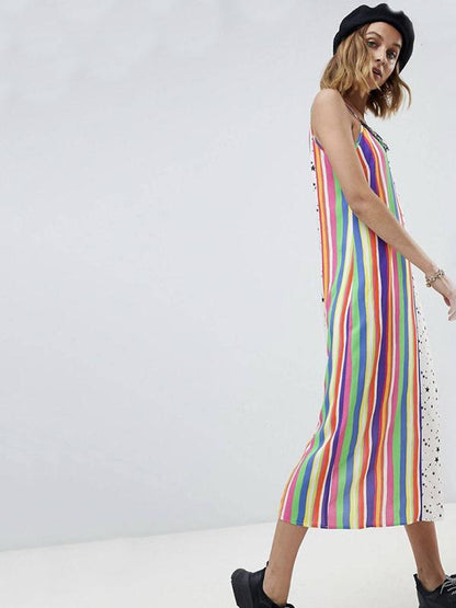 Striped Lace Spaghetti-neck Midi Dress