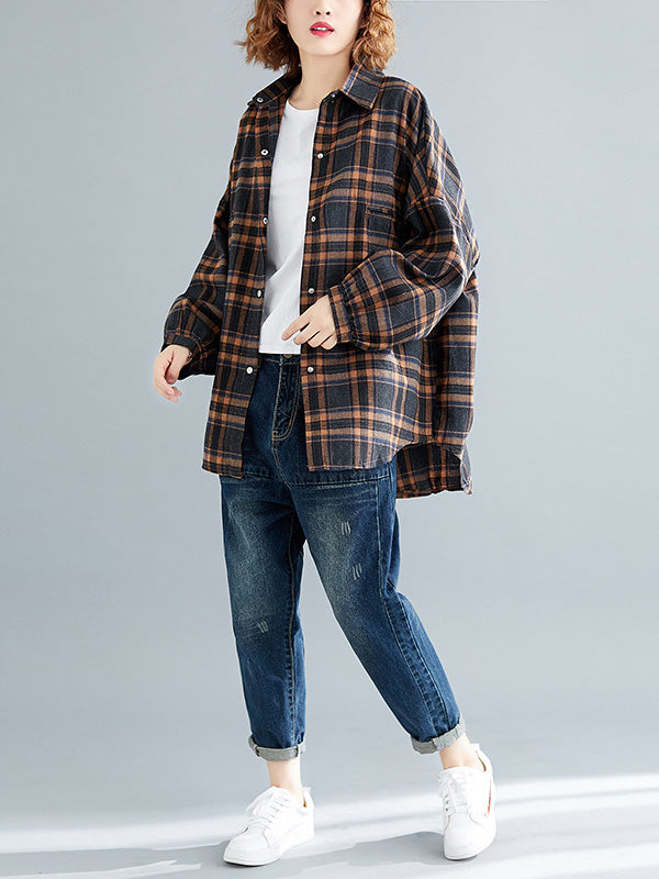 Artistic Retro Plaid Buttoned Lapel Collar Long Sleeves Blouse