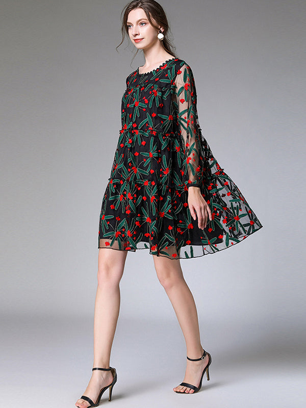 Original Lace Mesh Embroidered Contrast Color Mini Dress