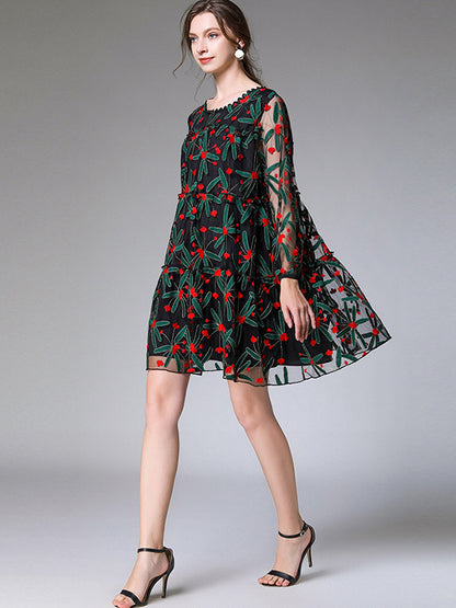 Original Lace Mesh Embroidered Contrast Color Mini Dress