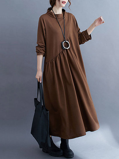 Simple Solid Color Asymmetric Split-Joint Long Sleeve Midi Dress