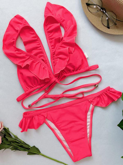 Lettuce Frilled Cross Strappy Plain Bikini Swimsuit