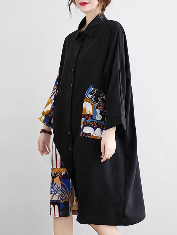 Original Cartoon Printed Round-Neck Shirt Dress