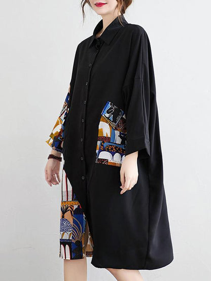 Original Cartoon Printed Round-Neck Shirt Dress