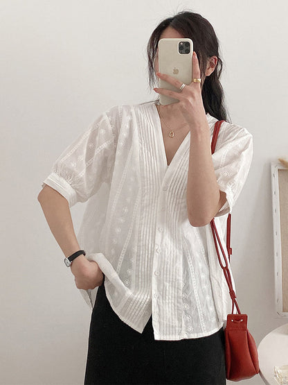 Simple Solid Color Buttoned V-Neck Short Sleeves Blouse