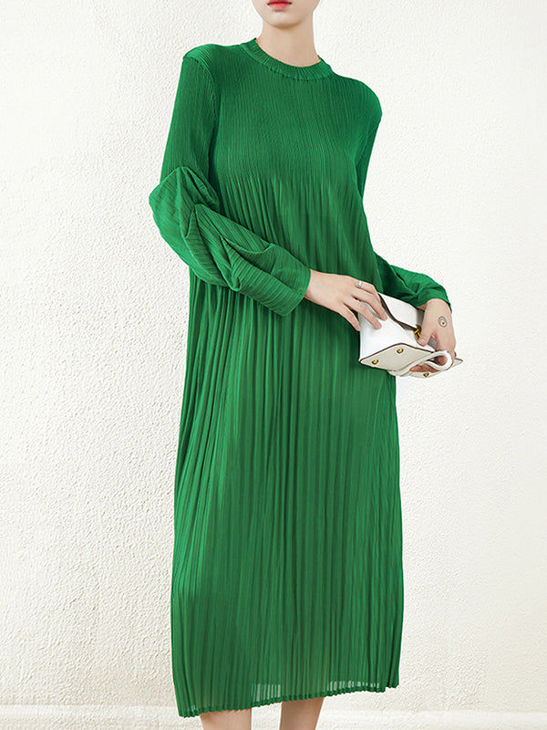 Loose Long Pile Sleeves Pleated Solid Color Round-Neck Midi Dresses