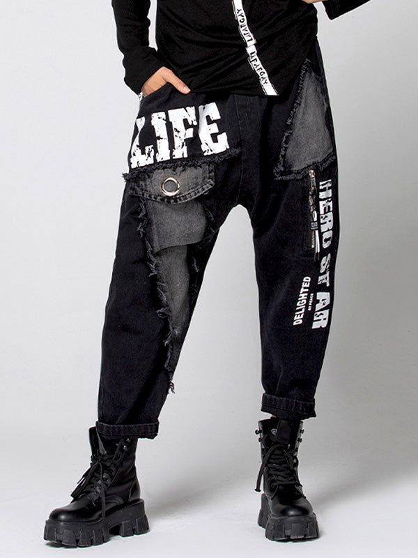 Original Split-Joint Letter Print Harem Pants Jean Pants