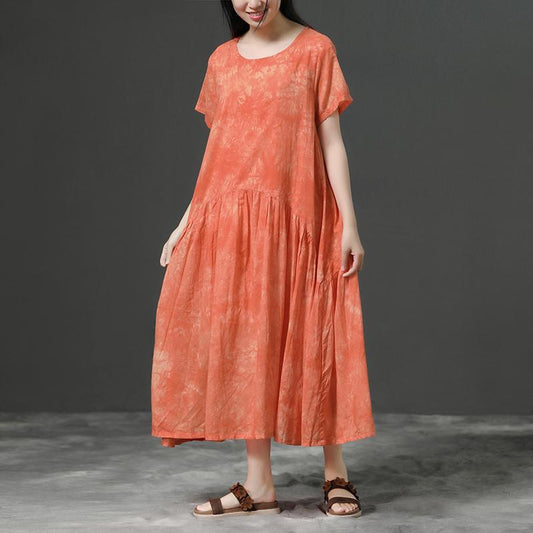 Cotton Orange Loose Casual Long Dress