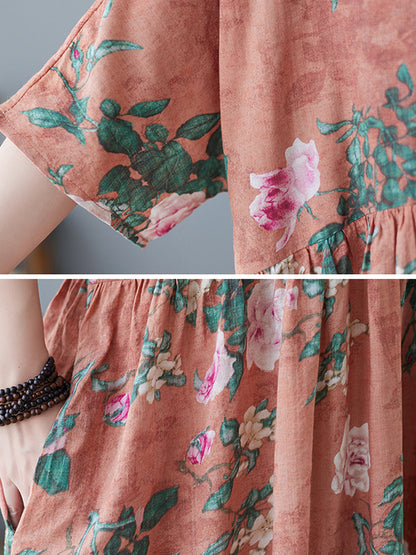 Artistic Retro Loose Original Floral Printed Pleated Midi Dress