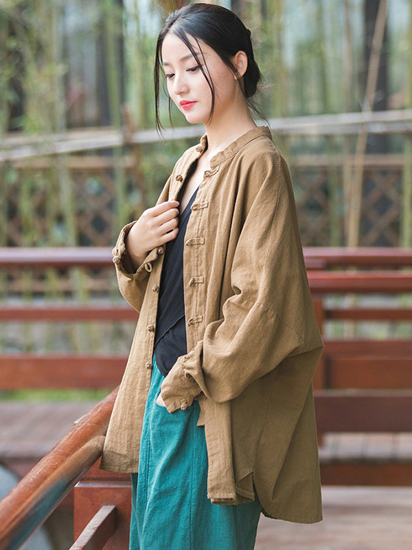 Original Artistic Retro Loose Solid Color Ramie Cotton Blouse Outwear