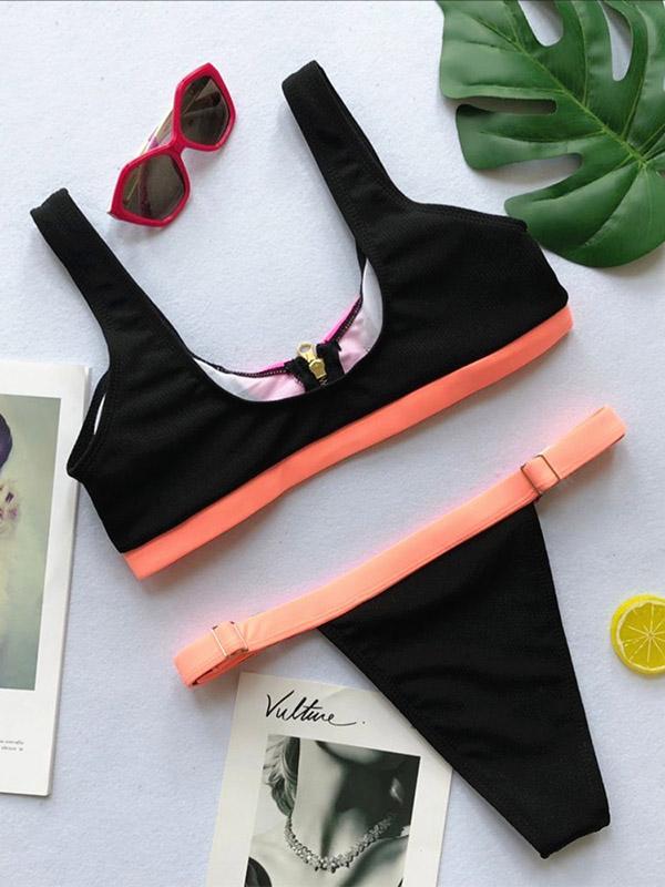 Sexy Contrast Color Zipper Bikini Swimsuit